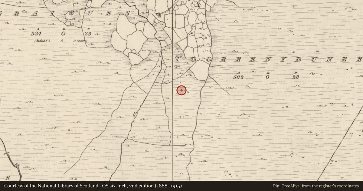 Ordnance Survey six-inch map, 2nd edition (1888–1915) covering the location of Hut site, Tuairín Uí Dhuinnín, County Kerry, with a pin at the register's coordinates