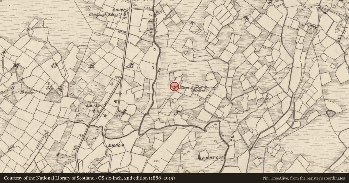 Ordnance Survey six-inch map, 2nd edition (1888–1915) covering the location of Kerb circle, Derreenauliff, County Kerry, with a pin at the register's coordinates