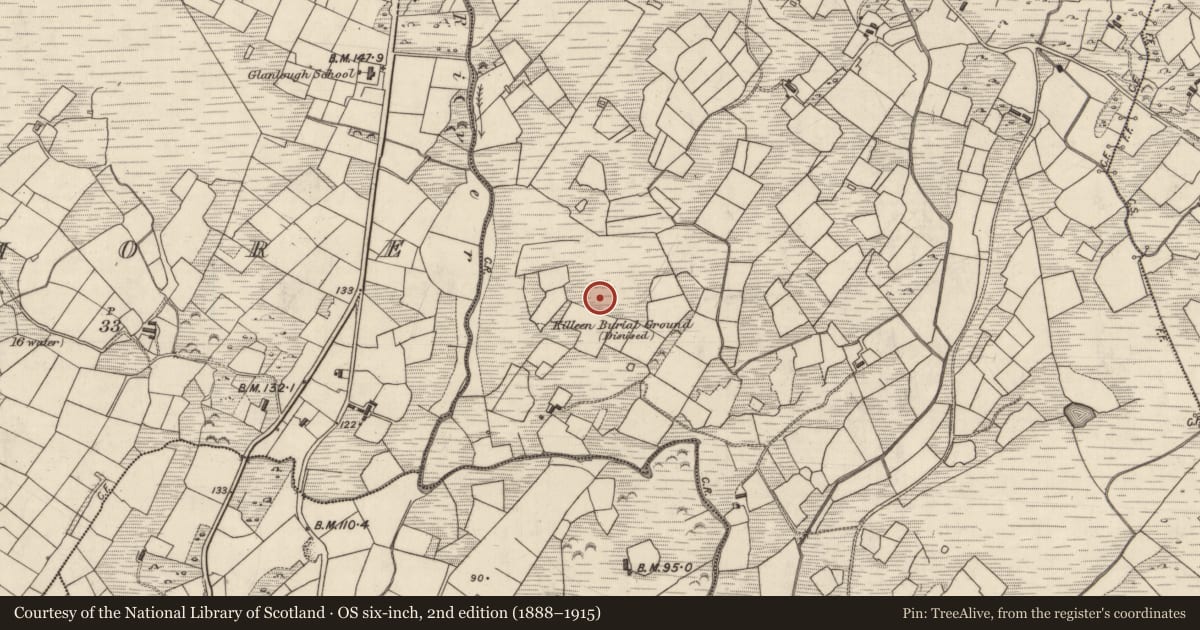 Ordnance Survey six-inch map, 2nd edition (1888–1915) covering the location of Field system, Derreenauliff, County Kerry, with a pin at the register's coordinates