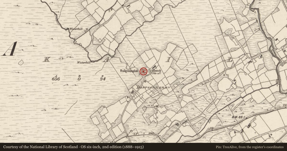 Ordnance Survey six-inch map, 2nd edition (1888–1915) covering the location of Ecclesiastical enclosure, Ankail, County Kerry, with a pin at the register's coordinates