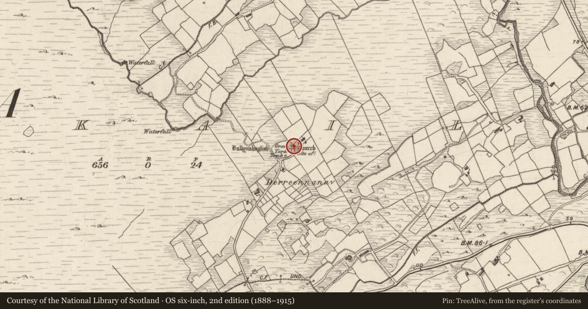 Ordnance Survey six-inch map, 2nd edition (1888–1915) covering the location of Church, Ankail, County Kerry, with a pin at the register's coordinates