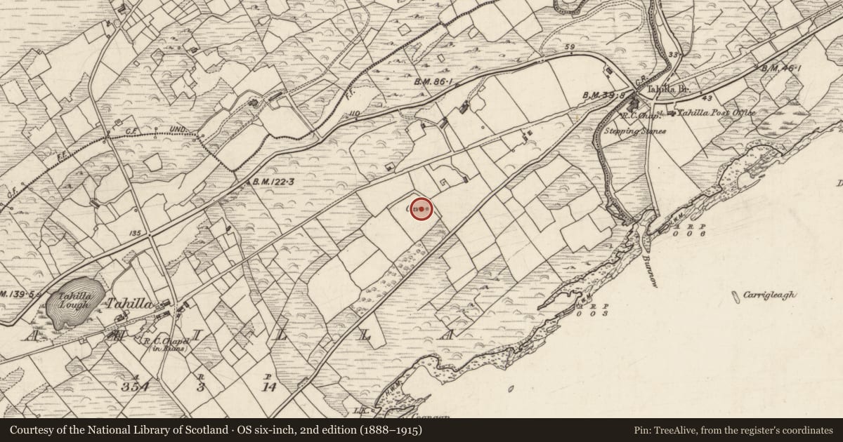 Ordnance Survey six-inch map, 2nd edition (1888–1915) covering the location of Souterrain, Tahilla, County Kerry, with a pin at the register's coordinates