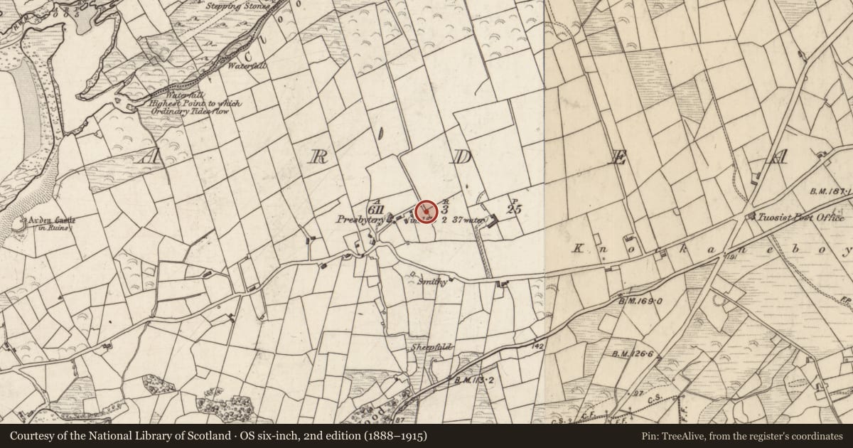 Ordnance Survey six-inch map, 2nd edition (1888–1915) covering the location of Ringfort - rath, Ardea, County Kerry, with a pin at the register's coordinates