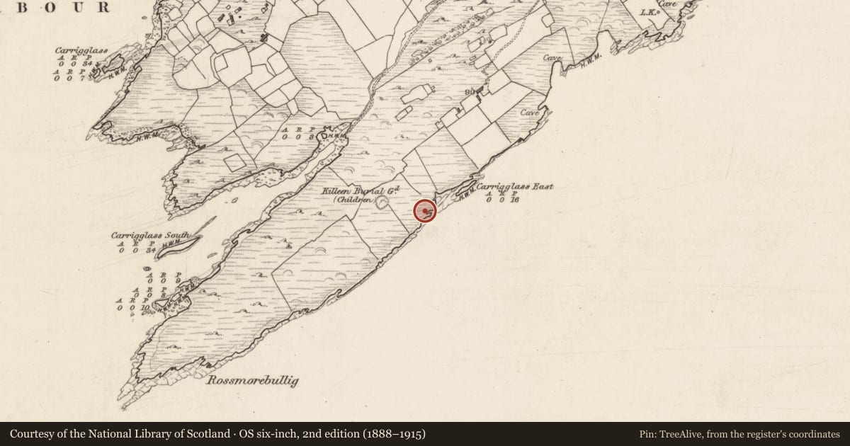 Ordnance Survey six-inch map, 2nd edition (1888–1915) covering the location of Ritual site - holy well, Rossmore Island, County Kerry, with a pin at the register's coordinates