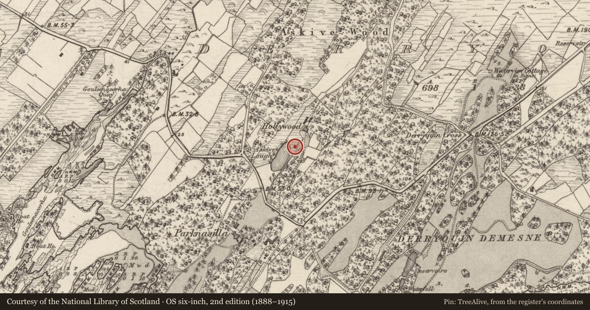Ordnance Survey six-inch map, 2nd edition (1888–1915) covering the location of Ritual site - holy well, Derryquin, County Kerry, with a pin at the register's coordinates