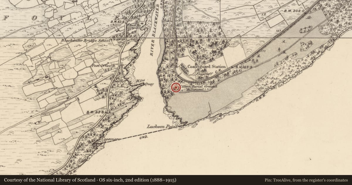 Ordnance Survey six-inch map, 2nd edition (1888–1915) covering the location of Children's burial ground, Dromore, County Kerry, with a pin at the register's coordinates