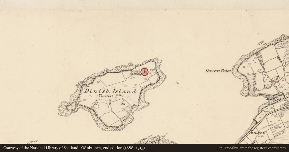 Ordnance Survey six-inch map, 2nd edition (1888–1915) covering the location of Church, Dinish Island, County Kerry, with a pin at the register's coordinates