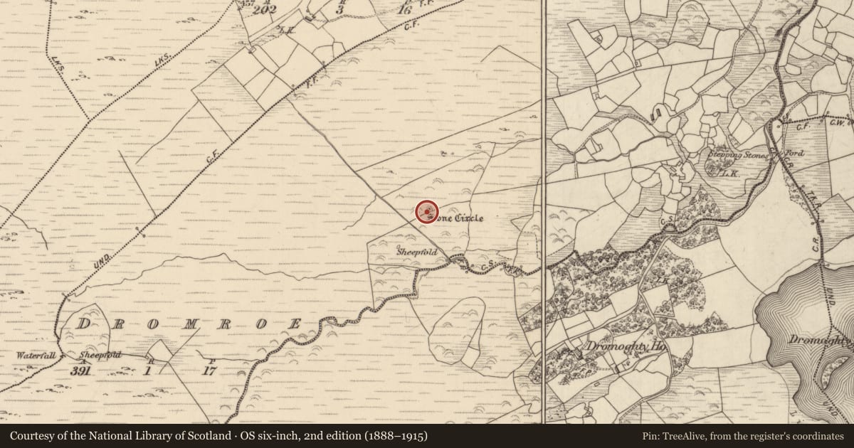 Ordnance Survey six-inch map, 2nd edition (1888–1915) covering the location of Standing stone, Dromroe, County Kerry, with a pin at the register's coordinates