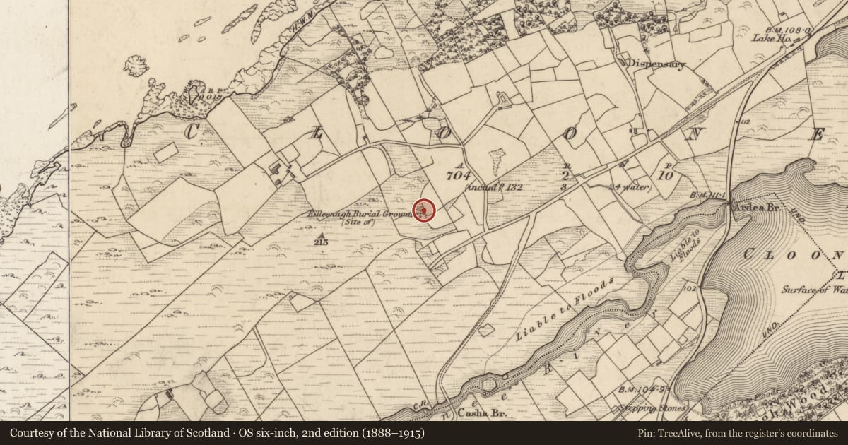 Ordnance Survey six-inch map, 2nd edition (1888–1915) covering the location of Children's burial ground, Cloonee, County Kerry, with a pin at the register's coordinates