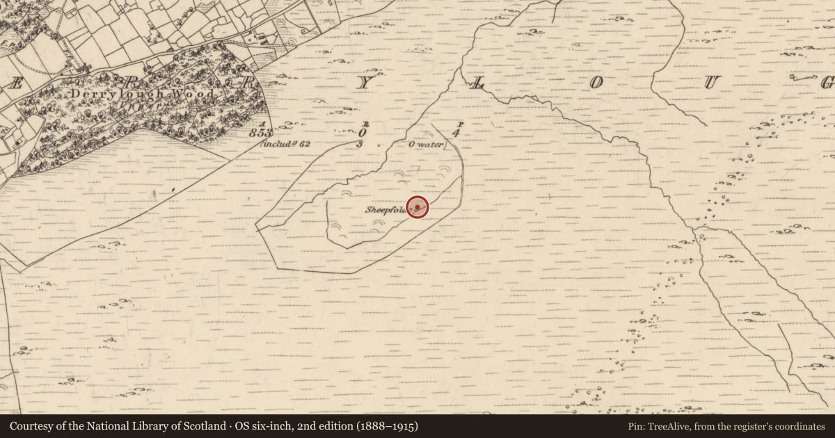 Ordnance Survey six-inch map, 2nd edition (1888–1915) covering the location of Enclosure, Derrylough, County Kerry, with a pin at the register's coordinates