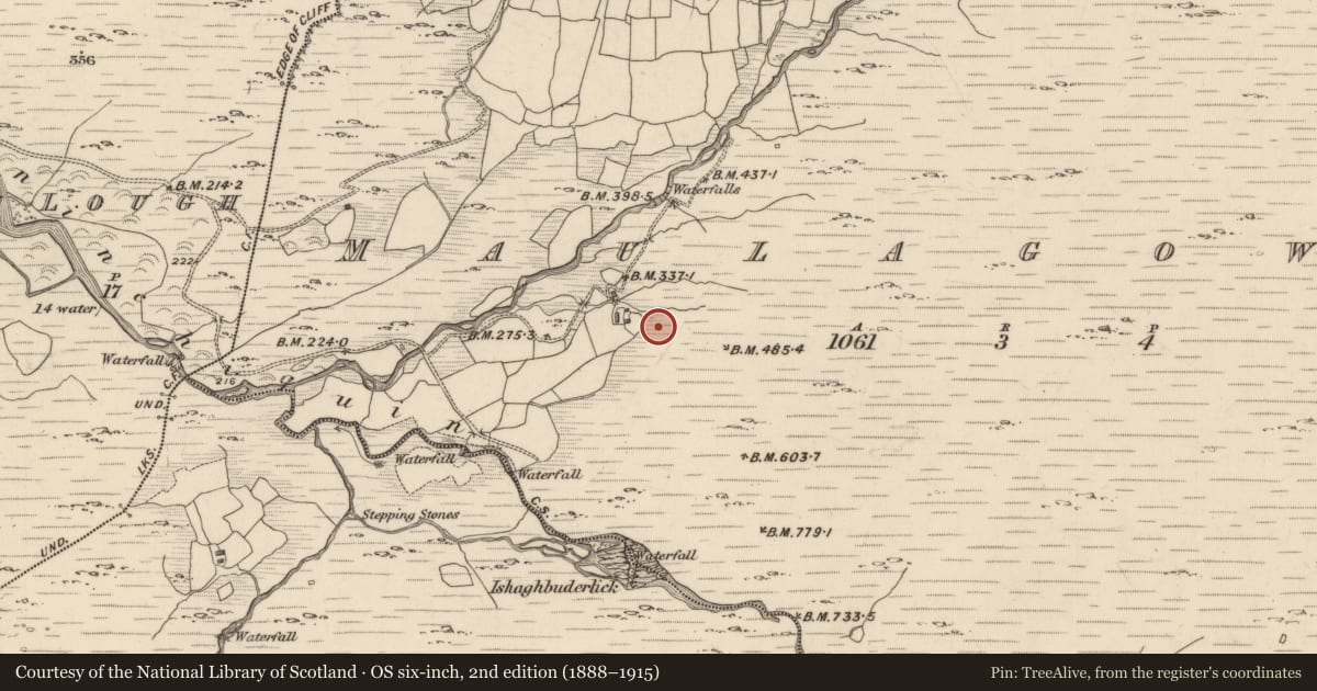Ordnance Survey six-inch map, 2nd edition (1888–1915) covering the location of Enclosure, Maulagowna, County Kerry, with a pin at the register's coordinates