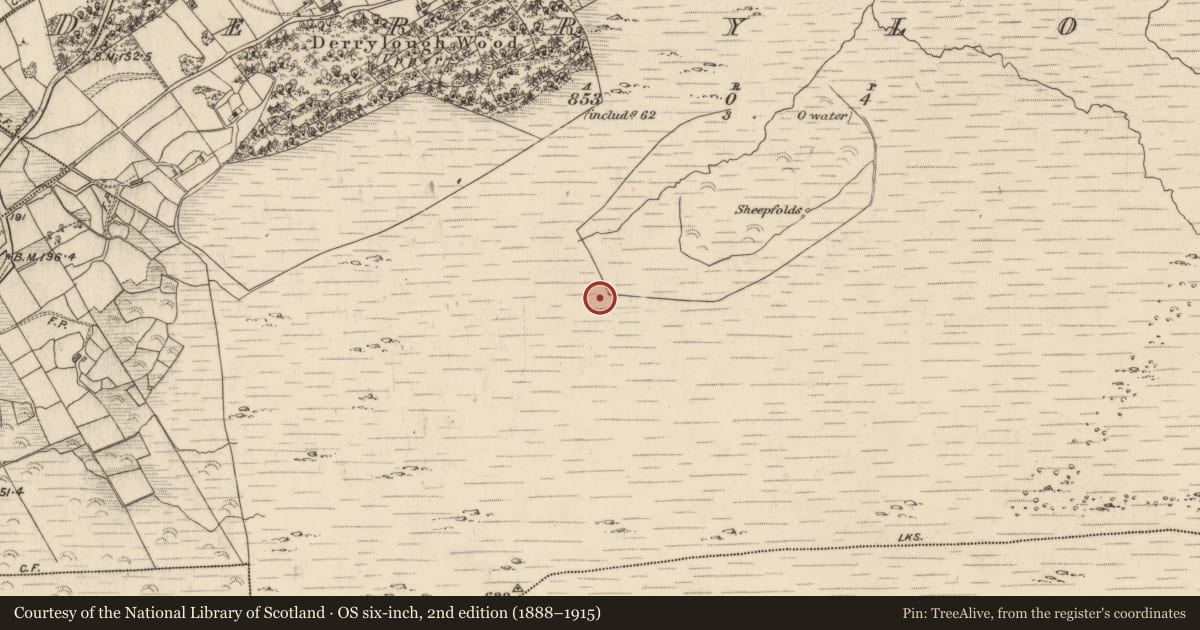 Ordnance Survey six-inch map, 2nd edition (1888–1915) covering the location of Enclosure, Derrylough, County Kerry, with a pin at the register's coordinates