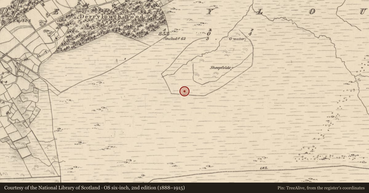 Ordnance Survey six-inch map, 2nd edition (1888–1915) covering the location of Field boundary, Derrylough, County Kerry, with a pin at the register's coordinates
