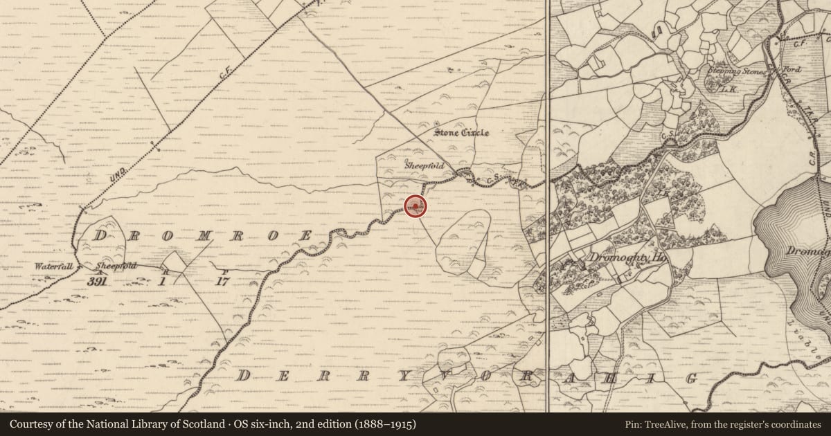 Ordnance Survey six-inch map, 2nd edition (1888–1915) covering the location of Hut site, Dromroe, County Kerry, with a pin at the register's coordinates