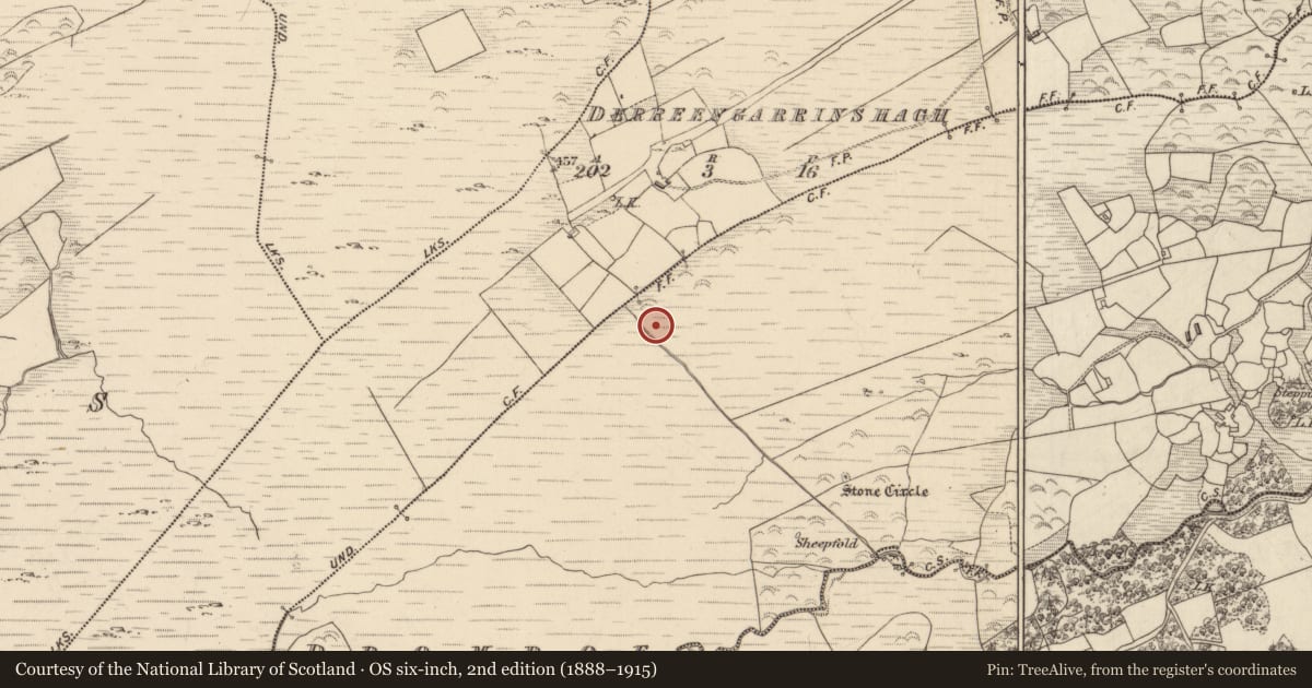 Ordnance Survey six-inch map, 2nd edition (1888–1915) covering the location of Fulacht fia, Dromroe, County Kerry, with a pin at the register's coordinates