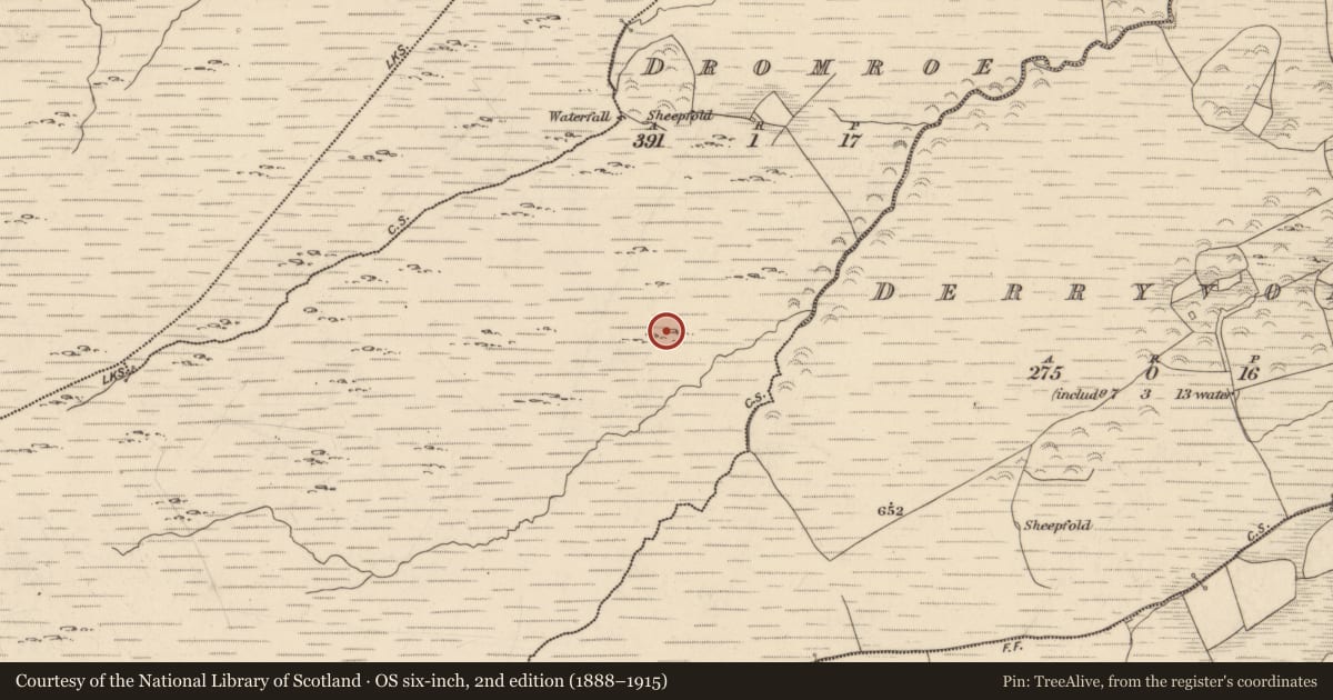 Ordnance Survey six-inch map, 2nd edition (1888–1915) covering the location of Enclosure, Dromroe, County Kerry, with a pin at the register's coordinates
