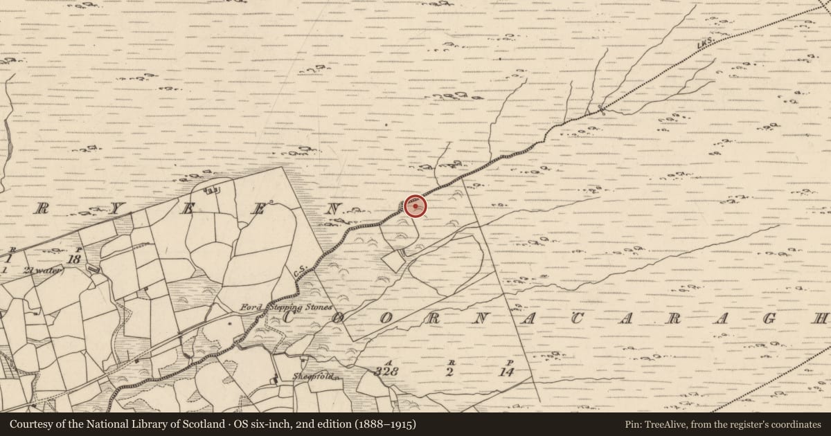 Ordnance Survey six-inch map, 2nd edition (1888–1915) covering the location of Field boundary, Coornacaragh, County Kerry, with a pin at the register's coordinates