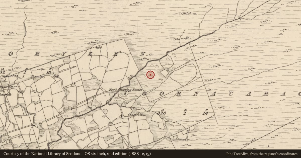 Ordnance Survey six-inch map, 2nd edition (1888–1915) covering the location of Enclosure, Coornacaragh, County Kerry, with a pin at the register's coordinates