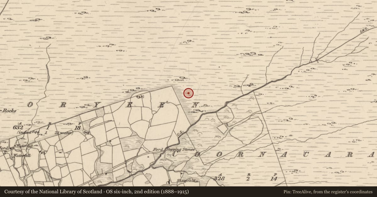 Ordnance Survey six-inch map, 2nd edition (1888–1915) covering the location of Fulacht fia, Cooryeen, County Kerry, with a pin at the register's coordinates
