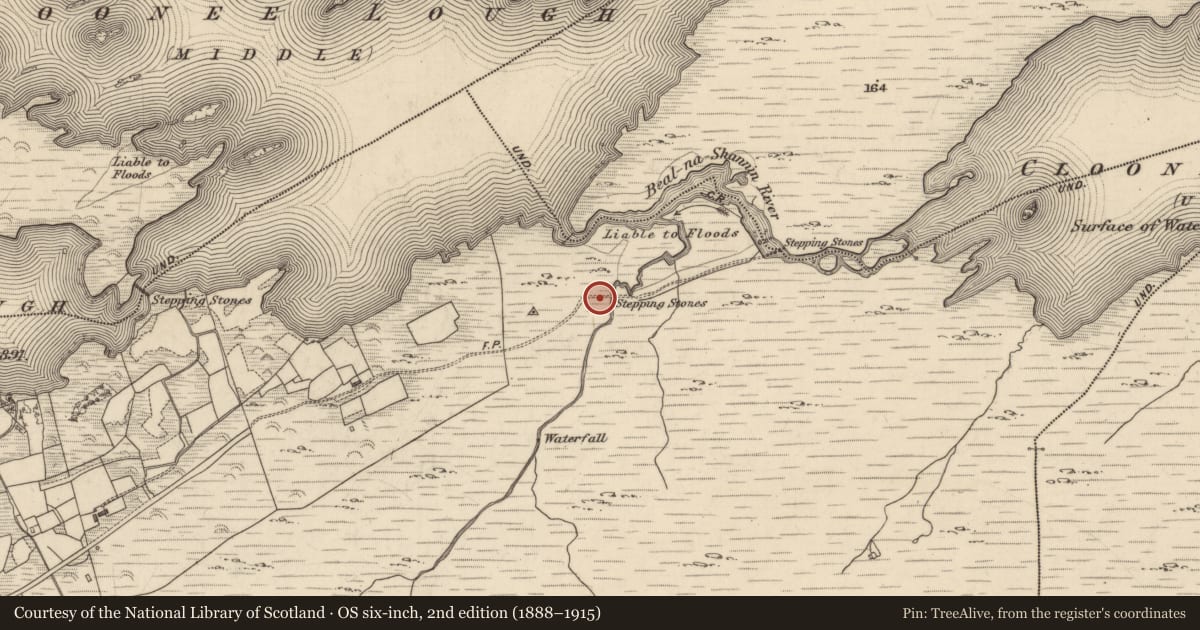 Ordnance Survey six-inch map, 2nd edition (1888–1915) covering the location of Mass-rock, Derrylough, County Kerry, with a pin at the register's coordinates