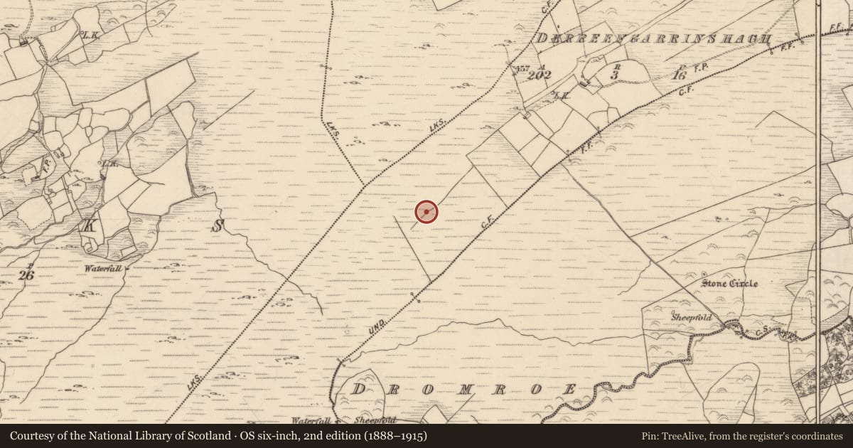 Ordnance Survey six-inch map, 2nd edition (1888–1915) covering the location of Hut site, Derreengarrinshagh, County Kerry, with a pin at the register's coordinates