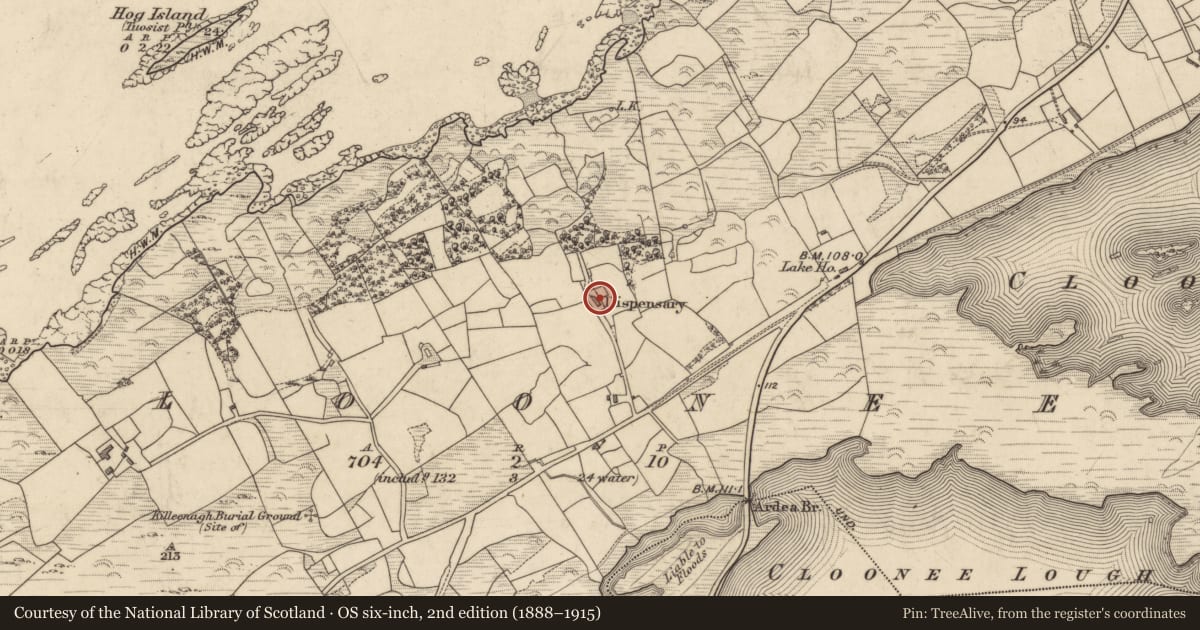 Ordnance Survey six-inch map, 2nd edition (1888–1915) covering the location of Building, Cloonee, County Kerry, with a pin at the register's coordinates