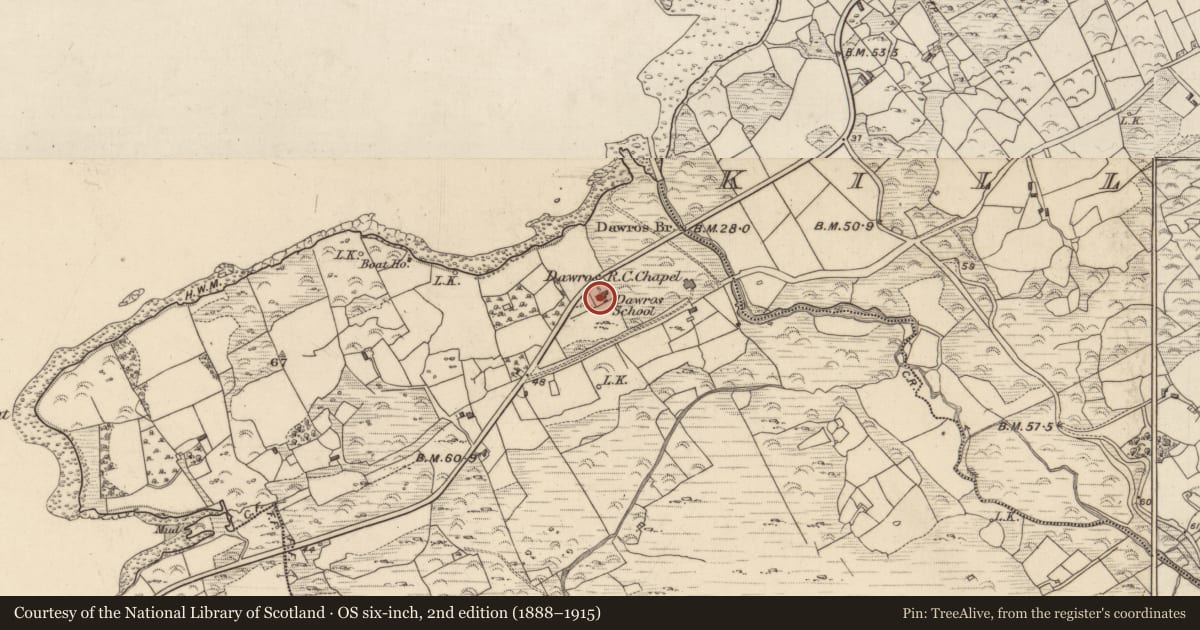 Ordnance Survey six-inch map, 2nd edition (1888–1915) covering the location of School, Dawros, County Kerry, with a pin at the register's coordinates