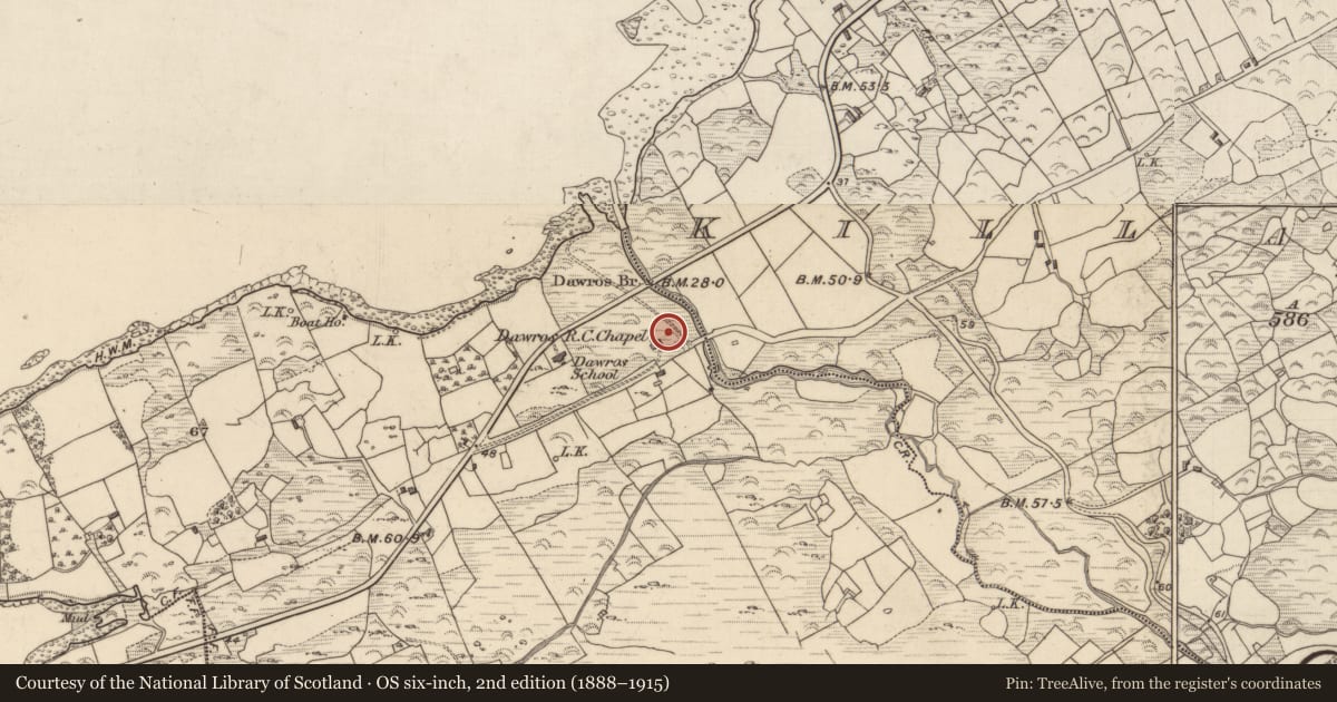 Ordnance Survey six-inch map, 2nd edition (1888–1915) covering the location of Font (present location), Dawros, County Kerry, with a pin at the register's coordinates
