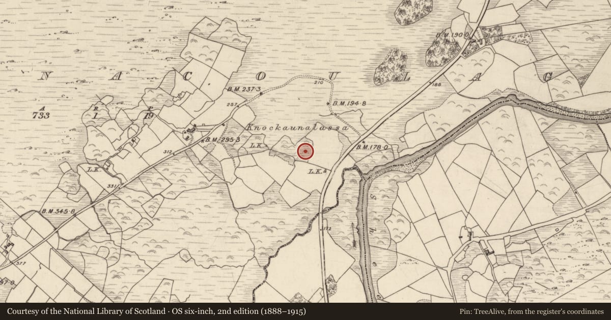 Ordnance Survey six-inch map, 2nd edition (1888–1915) covering the location of Souterrain, Derrynacoulagh, County Kerry, with a pin at the register's coordinates