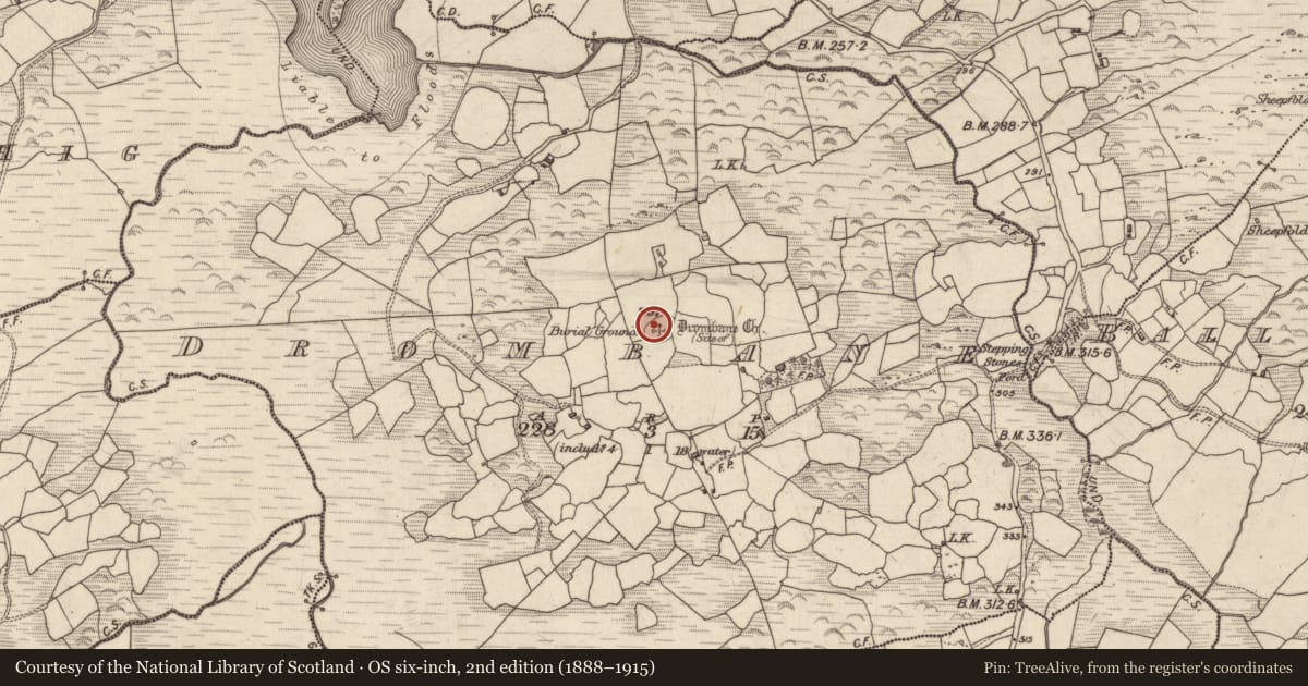 Ordnance Survey six-inch map, 2nd edition (1888–1915) covering the location of Children's burial ground, Drombane, County Kerry, with a pin at the register's coordinates