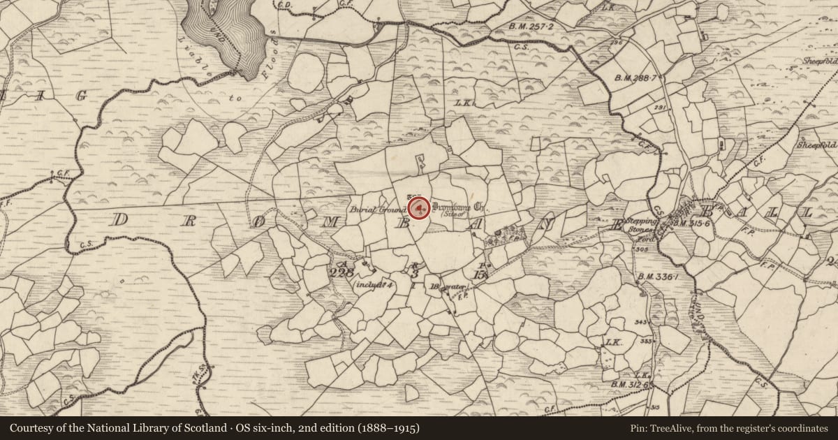 Ordnance Survey six-inch map, 2nd edition (1888–1915) covering the location of Ecclesiastical enclosure, Drombane, County Kerry, with a pin at the register's coordinates
