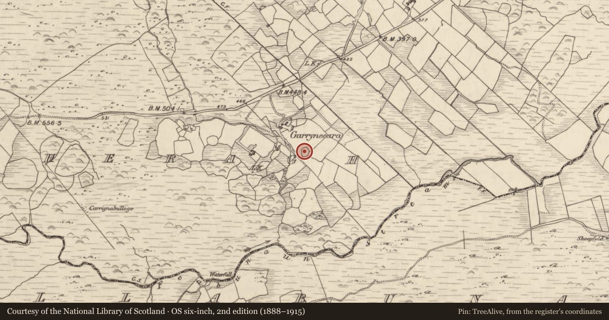 Ordnance Survey six-inch map, 2nd edition (1888–1915) covering the location of Ringfort - cashel, Derrynacaheragh, County Kerry, with a pin at the register's coordinates