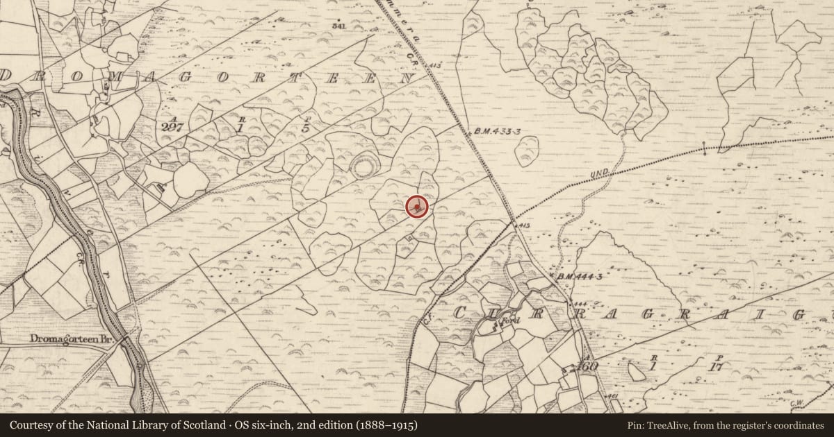 Ordnance Survey six-inch map, 2nd edition (1888–1915) covering the location of Building, Dromagorteen, County Kerry, with a pin at the register's coordinates