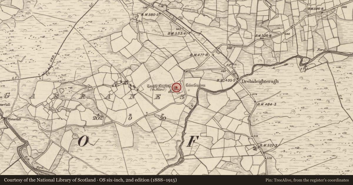 Ordnance Survey six-inch map, 2nd edition (1888–1915) covering the location of Graveyard, Garranes, County Kerry, with a pin at the register's coordinates