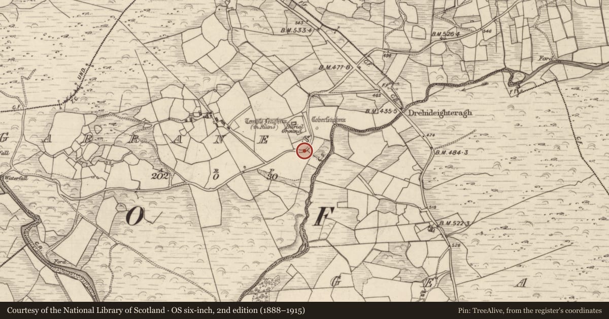 Ordnance Survey six-inch map, 2nd edition (1888–1915) covering the location of Bullaun stone, Garranes, County Kerry, with a pin at the register's coordinates