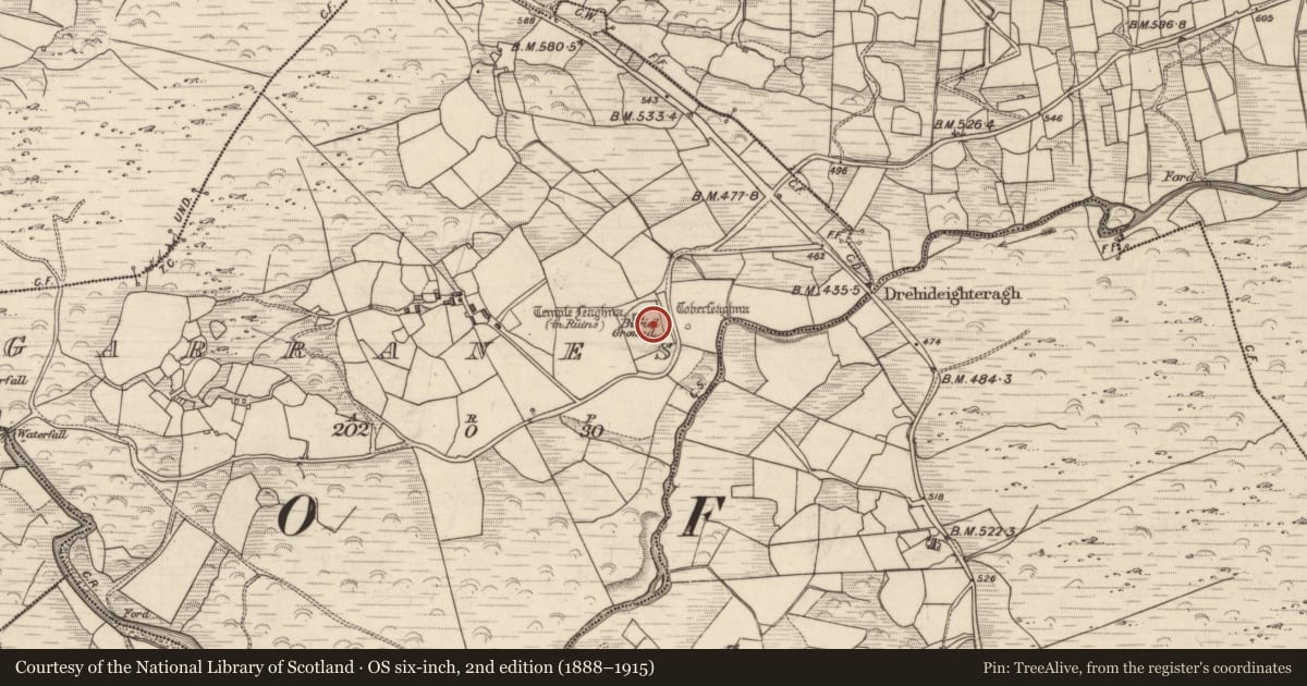 Ordnance Survey six-inch map, 2nd edition (1888–1915) covering the location of Children's burial ground, Garranes, County Kerry, with a pin at the register's coordinates