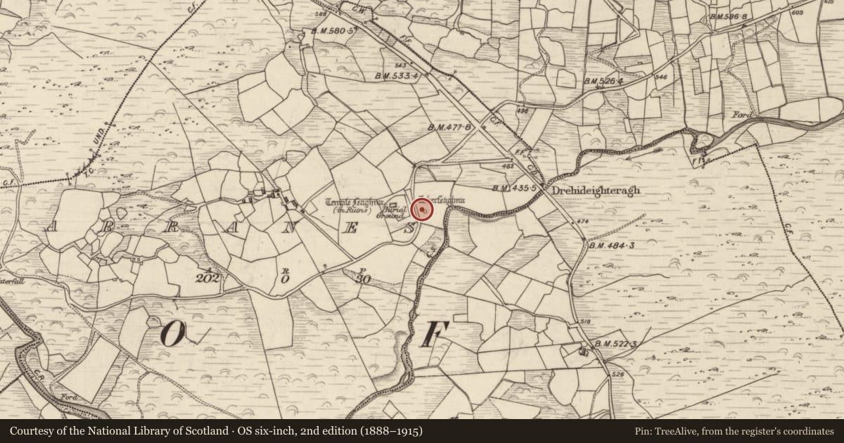 Ordnance Survey six-inch map, 2nd edition (1888–1915) covering the location of Cross-inscribed stone, Garranes, County Kerry, with a pin at the register's coordinates