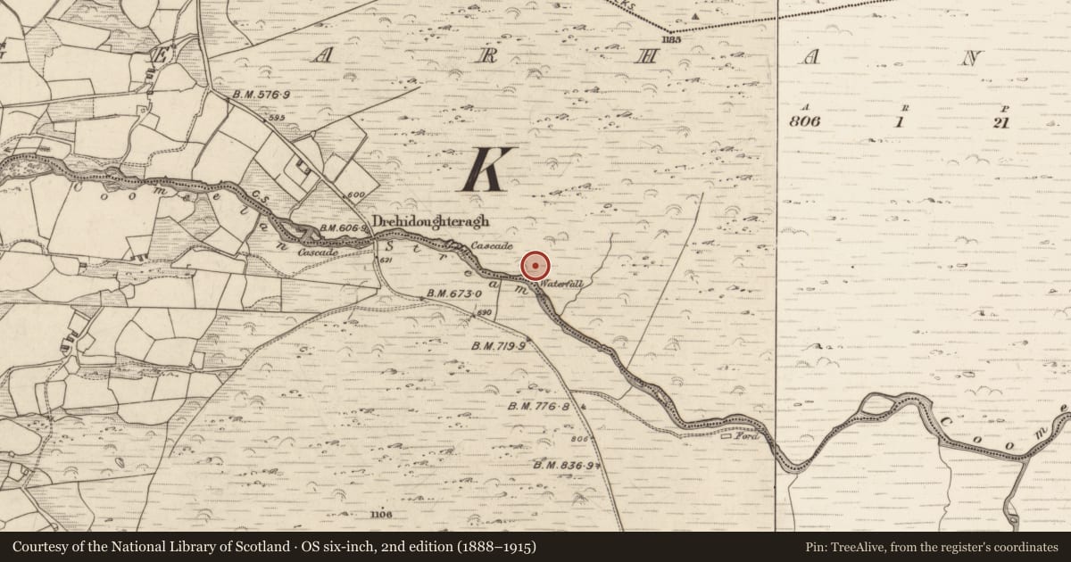 Ordnance Survey six-inch map, 2nd edition (1888–1915) covering the location of Enclosure, Gearhanagoul, County Kerry, with a pin at the register's coordinates