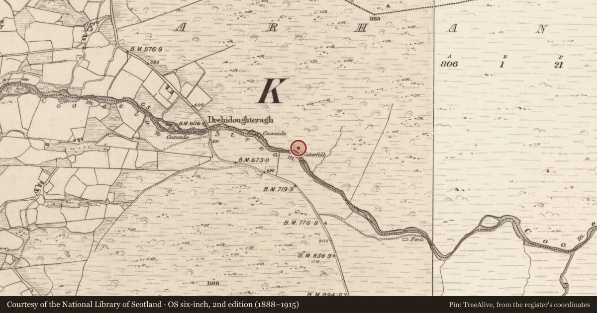 Ordnance Survey six-inch map, 2nd edition (1888–1915) covering the location of Field boundary, Gearhanagoul, County Kerry, with a pin at the register's coordinates