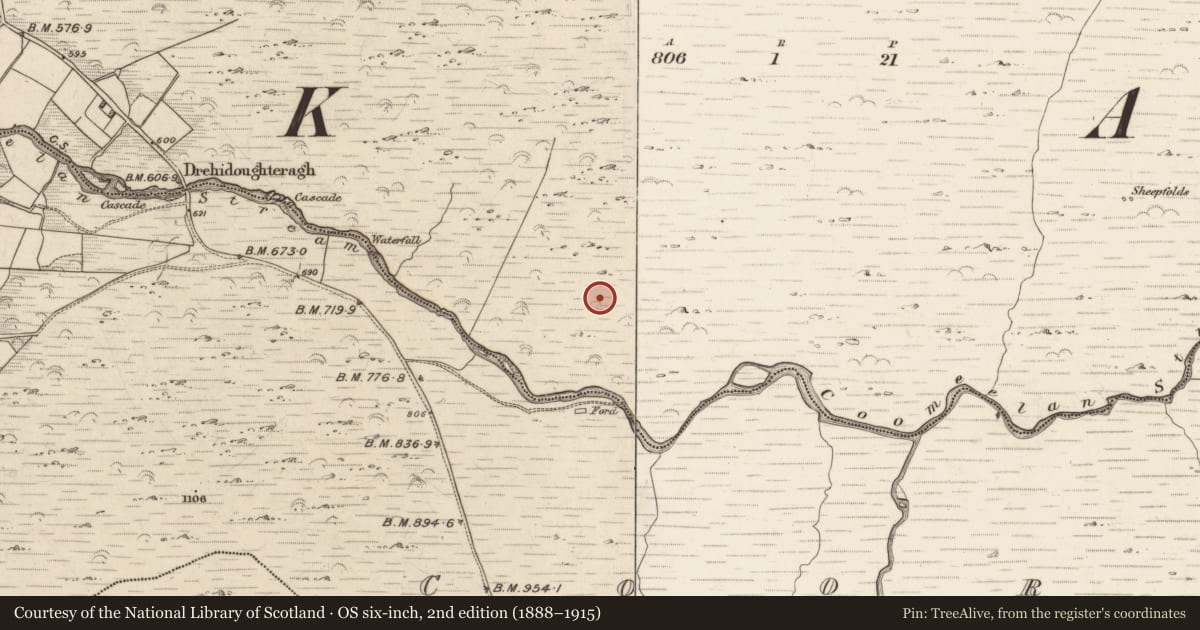 Ordnance Survey six-inch map, 2nd edition (1888–1915) covering the location of Enclosure, Gearhanagoul, County Kerry, with a pin at the register's coordinates