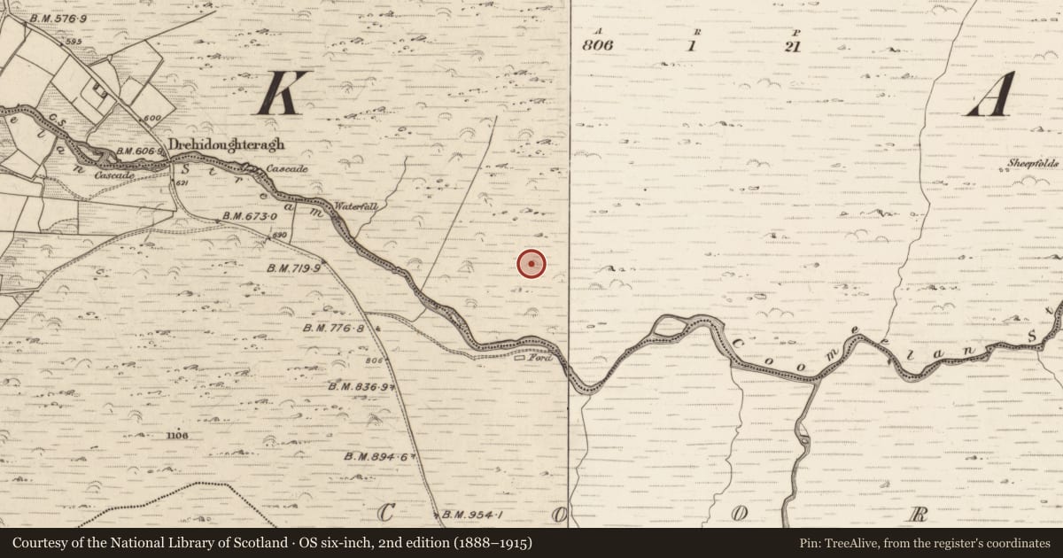Ordnance Survey six-inch map, 2nd edition (1888–1915) covering the location of Enclosure, Gearhanagoul, County Kerry, with a pin at the register's coordinates