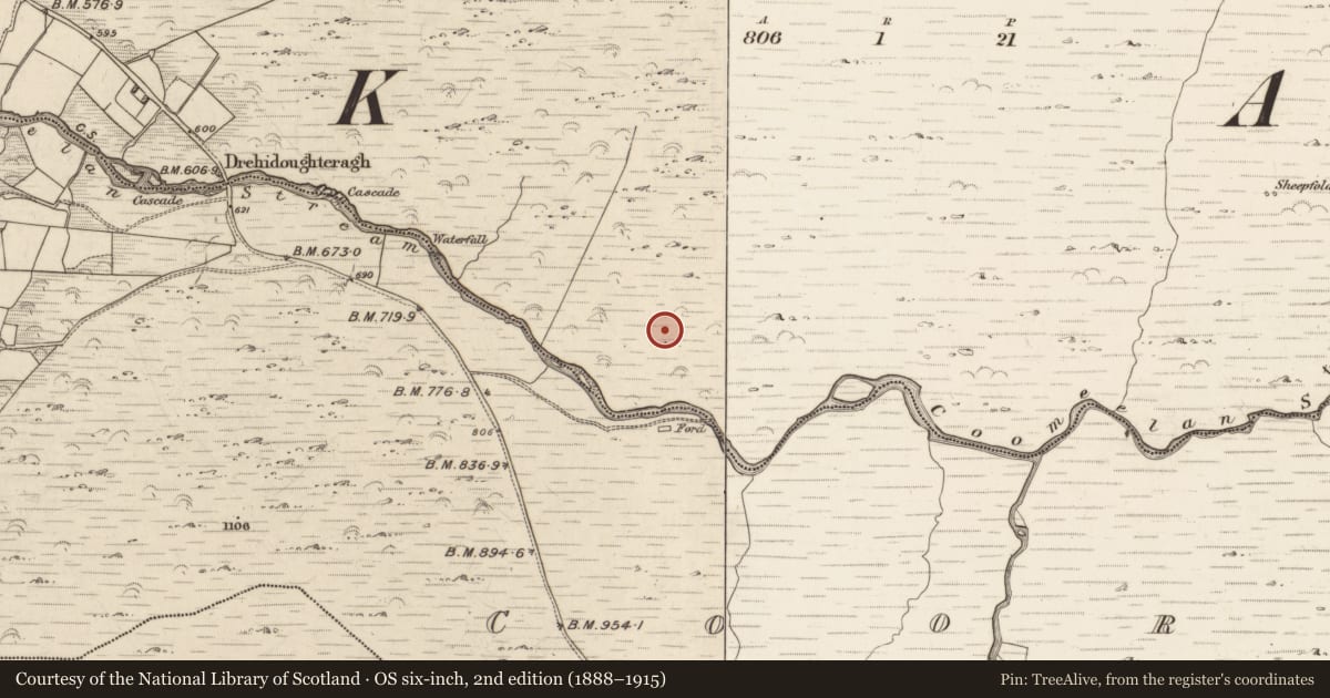 Ordnance Survey six-inch map, 2nd edition (1888–1915) covering the location of Enclosure, Gearhanagoul, County Kerry, with a pin at the register's coordinates