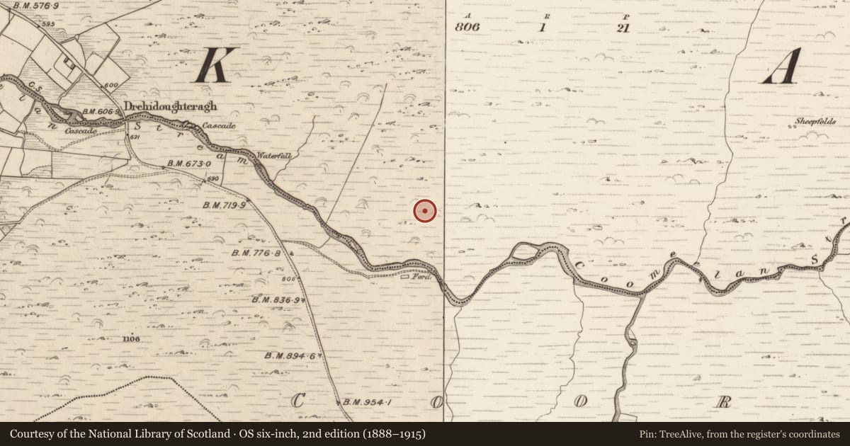 Ordnance Survey six-inch map, 2nd edition (1888–1915) covering the location of Fulacht fia, Gearhanagoul, County Kerry, with a pin at the register's coordinates