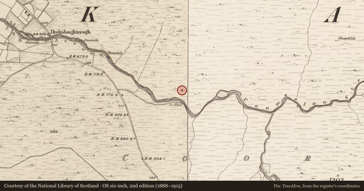 Ordnance Survey six-inch map, 2nd edition (1888–1915) covering the location of Fulacht fia, Gearhanagoul, County Kerry, with a pin at the register's coordinates