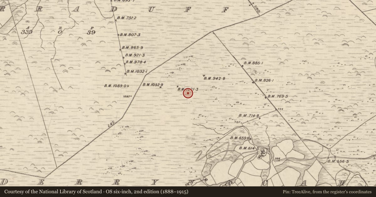 Ordnance Survey six-inch map, 2nd edition (1888–1915) covering the location of Enclosure, Derrynacaheragh, County Kerry, with a pin at the register's coordinates