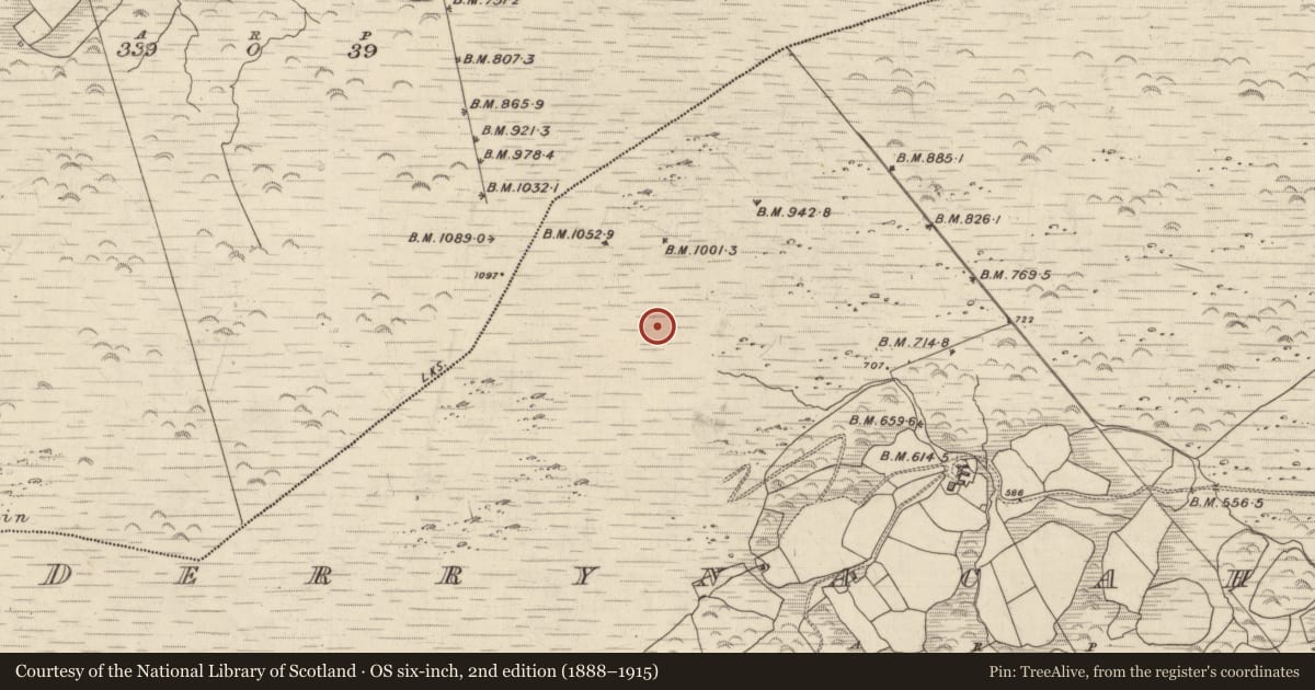 Ordnance Survey six-inch map, 2nd edition (1888–1915) covering the location of Hut site, Derrynacaheragh, County Kerry, with a pin at the register's coordinates