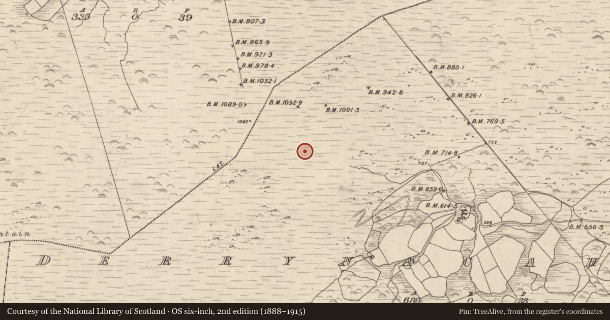 Ordnance Survey six-inch map, 2nd edition (1888–1915) covering the location of Hut site, Derrynacaheragh, County Kerry, with a pin at the register's coordinates