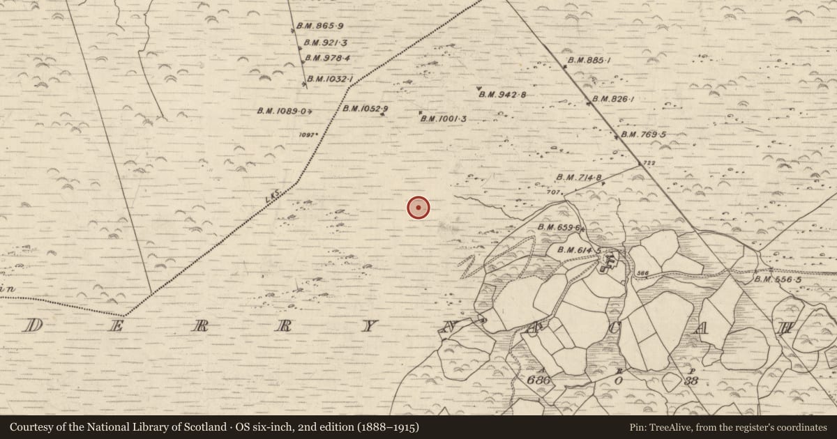 Ordnance Survey six-inch map, 2nd edition (1888–1915) covering the location of Fulacht fia, Derrynacaheragh, County Kerry, with a pin at the register's coordinates
