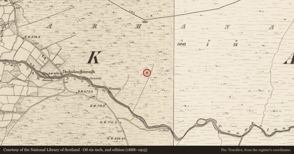 Ordnance Survey six-inch map, 2nd edition (1888–1915) covering the location of Field system, Gearhanagoul, County Kerry, with a pin at the register's coordinates
