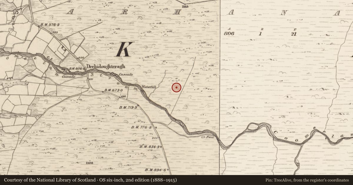 Ordnance Survey six-inch map, 2nd edition (1888–1915) covering the location of Enclosure, Gearhanagoul, County Kerry, with a pin at the register's coordinates